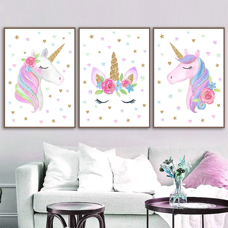 Modern Cartoon Pink Unicorn Poster Baby Room Nursery Prints Art Canvas Painting Wall Art Pictures Kids Living Room Decoration