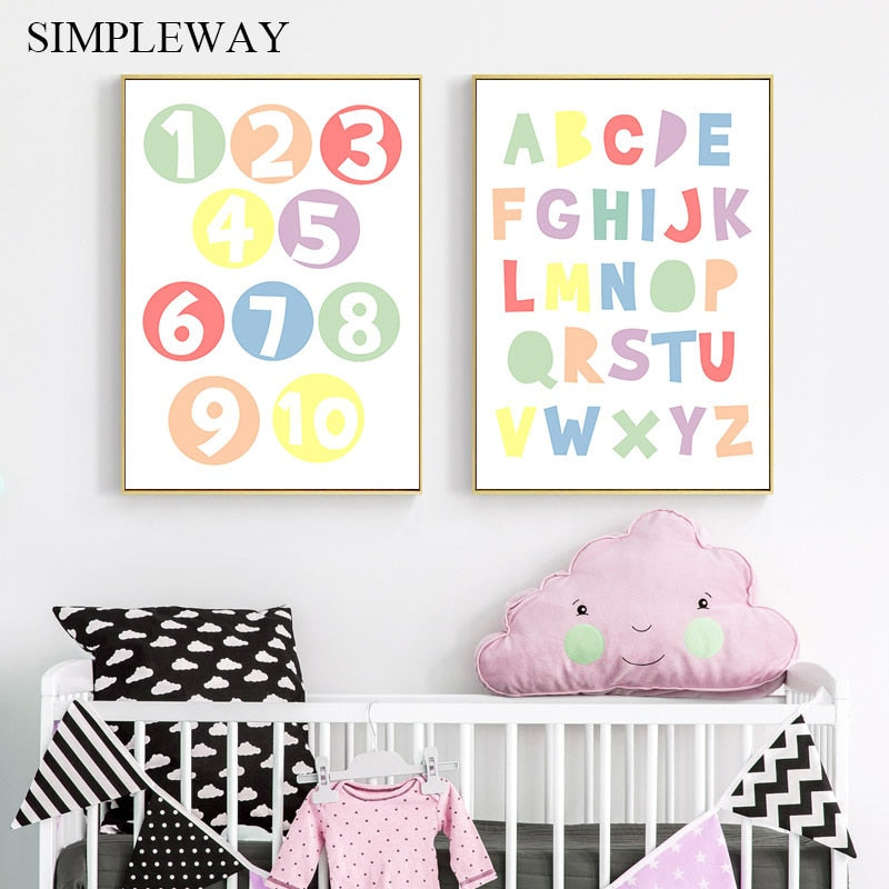 Baby Nursery Wall Art Canvas Painting Alphabet Numbers Poster and Print Decorative Picture Nordic Kids Child Room Decoration