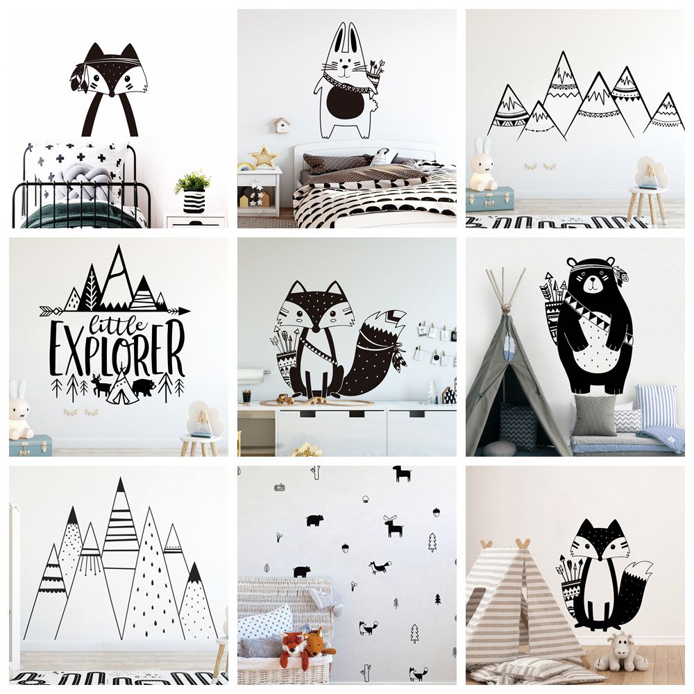 Cartoon Tribal Animals Vinyl Wall Sticker For Kids Room Decoration Babys Bedroom Decor Decals Stickers Bear Fox art wallpaper