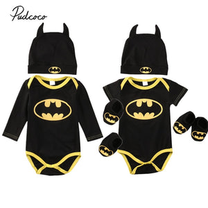 Cute Newborn Baby Boys Infant Batman black bodysuit+Shoes+Hat 3Pcs Outfit Clothes Set 0-2T