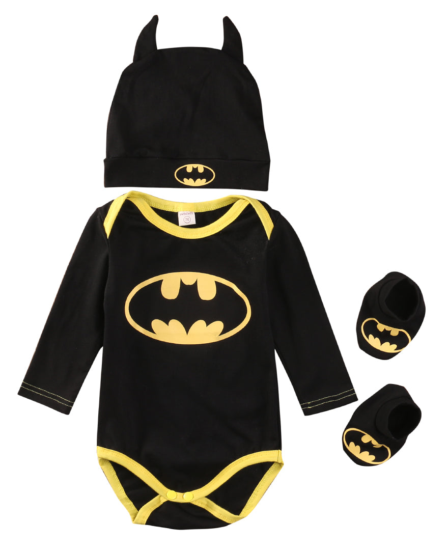 Cute Newborn Baby Boys Infant Batman black bodysuit+Shoes+Hat 3Pcs Outfit Clothes Set 0-2T