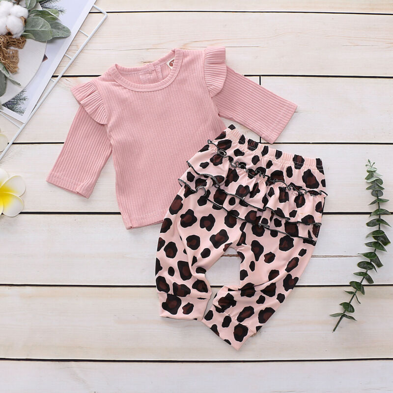 infant newborn baby girl set ruffle long sleeve tshirt leopard pant suit clothes kids baby girl clothes