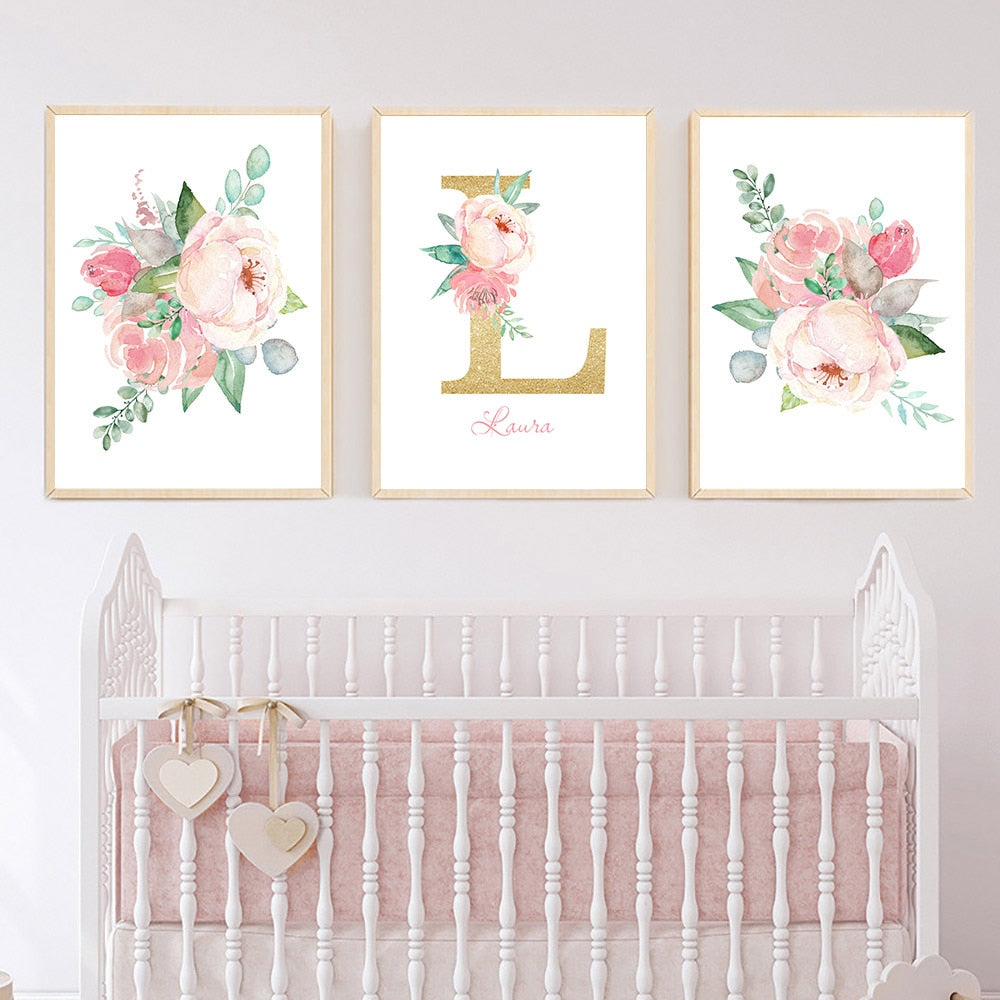 Peony Flower Babi Canva Print Nordic Poster Custom Name Canvas Painting Poster Nursery Print Wall Pictures Baby Girl Room Decor