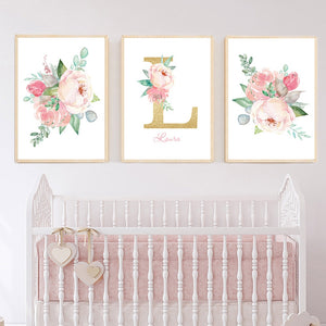 Peony Flower Babi Canva Print Nordic Poster Custom Name Canvas Painting Poster Nursery Print Wall Pictures Baby Girl Room Decor