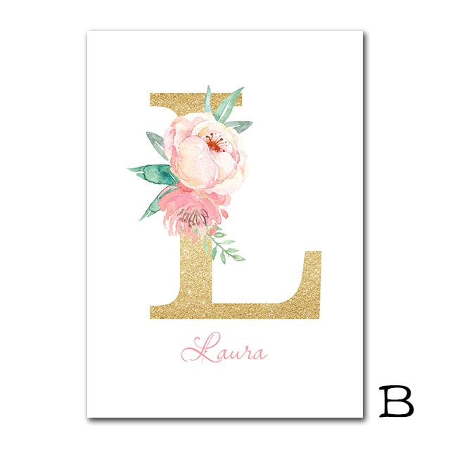 Peony Flower Babi Canva Print Nordic Poster Custom Name Canvas Painting Poster Nursery Print Wall Pictures Baby Girl Room Decor