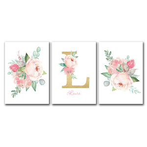 Peony Flower Babi Canva Print Nordic Poster Custom Name Canvas Painting Poster Nursery Print Wall Pictures Baby Girl Room Decor