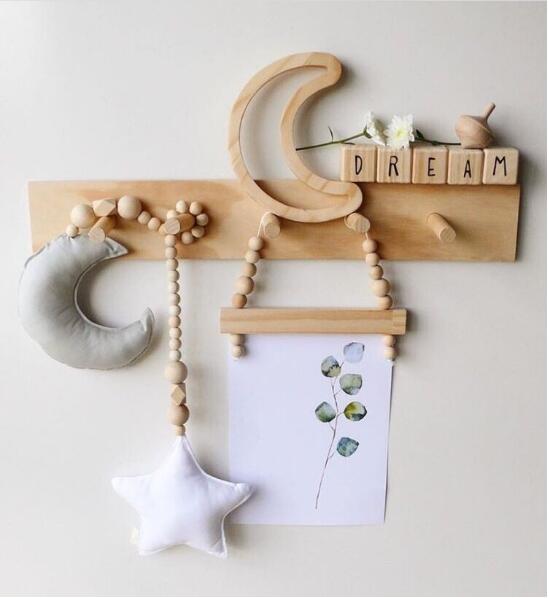 Nordic Wooden Beads Ornament Double Star Moon Kids Room Decoration Baby Crib Tent Hanging Pendant Wall Decor Photography Props