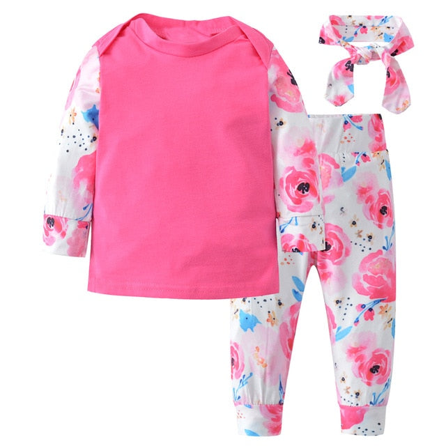 Baby Girl Clothes Newborn Infant Autumn 3Pcs Set Cotton T-shirt Pants Headband fall Outfits Clothes Baby Girls Clothing Suit