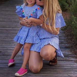2019 Summer Family Mach Dress Short Sleeve Cotton Family Matching Clothes Stripe Tassel Dress Mom and Daughter Dress