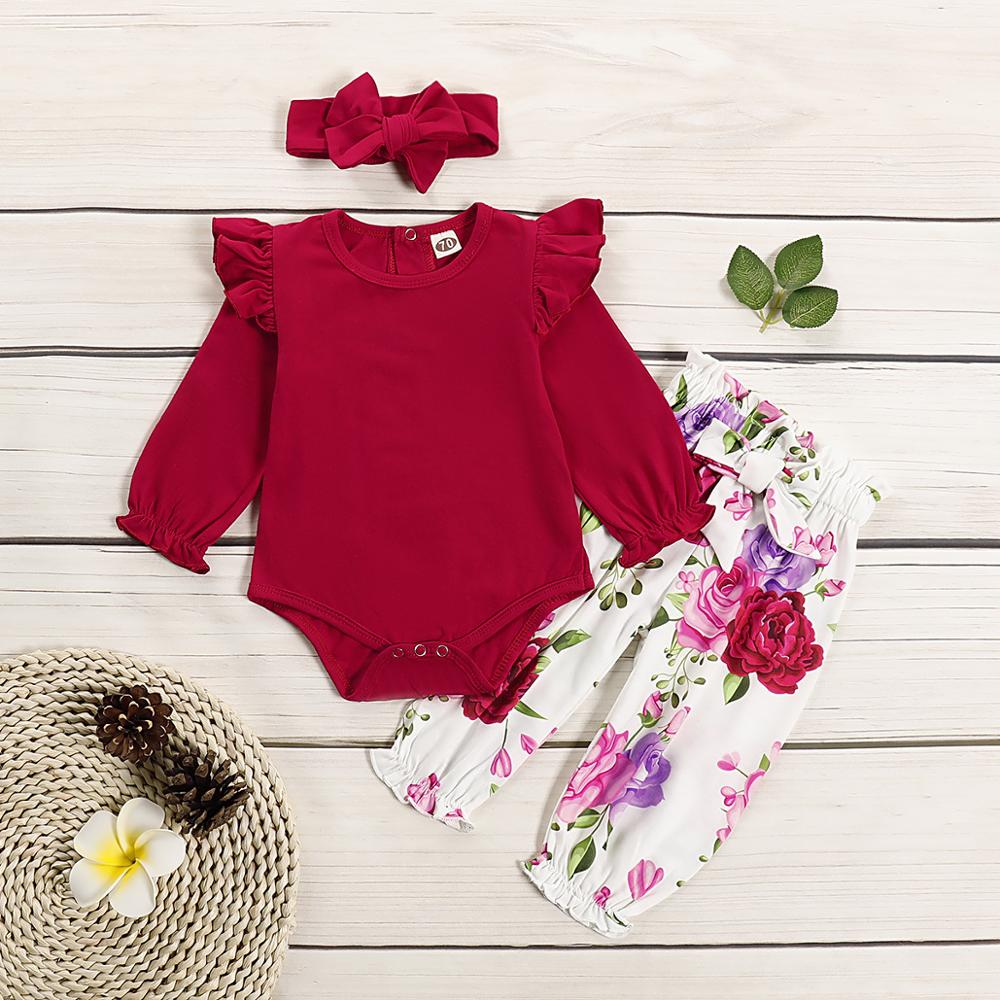 3pcs Infant baby todder long sleeve outfit Kids Girl ruffle set with headband Maching Children Floral cotton Suit ST19104