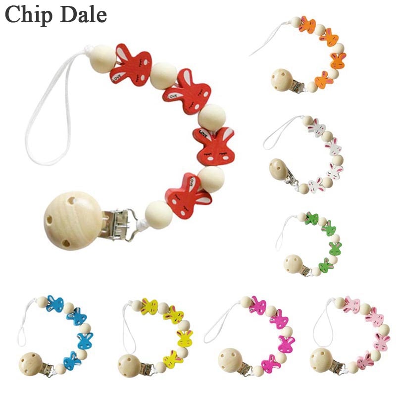 Rabbit Pacifier Clip Chains Wooden Pacifier Clips Baby Teething Toys Wood Bead Dummy Clip Holder Soother Chains for Baby Chew
