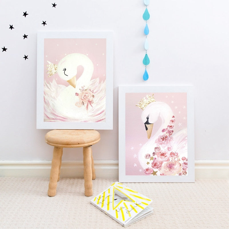 Canvas Prints Poster Wall Artwork Nordic Painting Swan Princess Baby Girls Modern Living Room Pictures Home Decoration Modular
